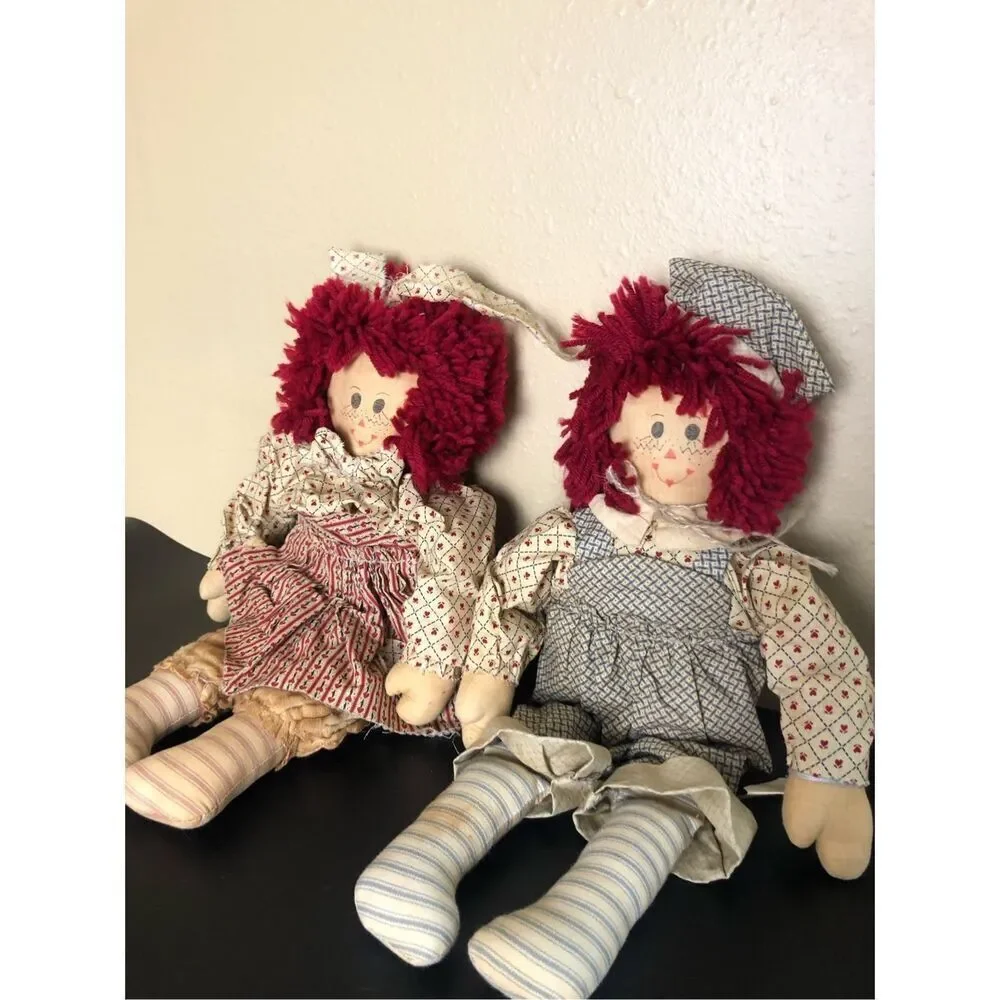 Vintage Darla’s Dolls Rag Doll Pair Handmade Red Yarn Hair 19in